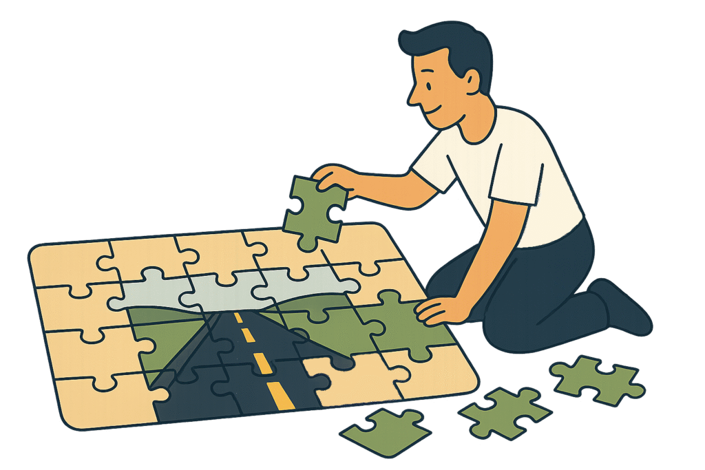 Client assembles puzzle road, showing ownership and participation in accountability journey