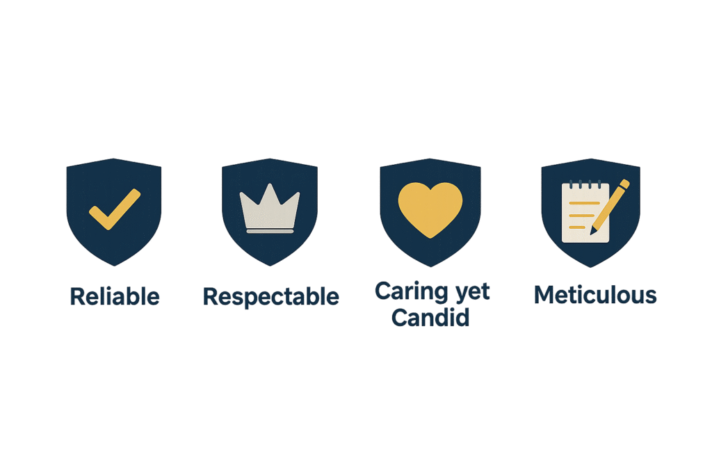 Illustration of four shield icons labeled Reliable, Respectable, Caring yet Candid, and Meticulous, representing the key traits of an effective accountability partner.