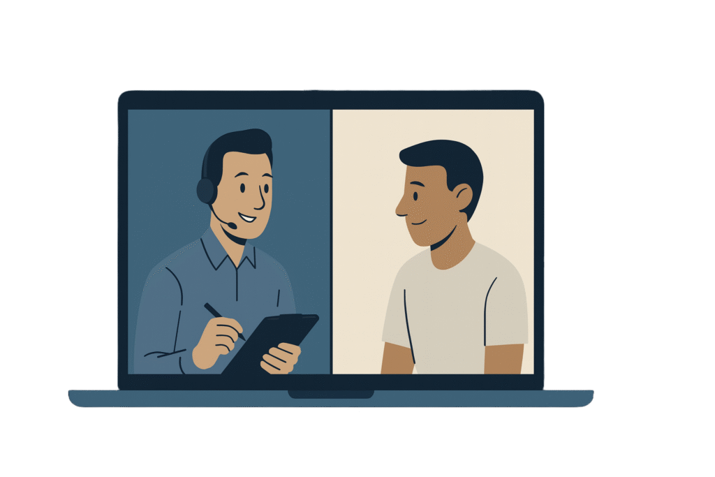 Two people on a virtual check-in, laptop screen split, illustrating an Accountability Partnership in action.