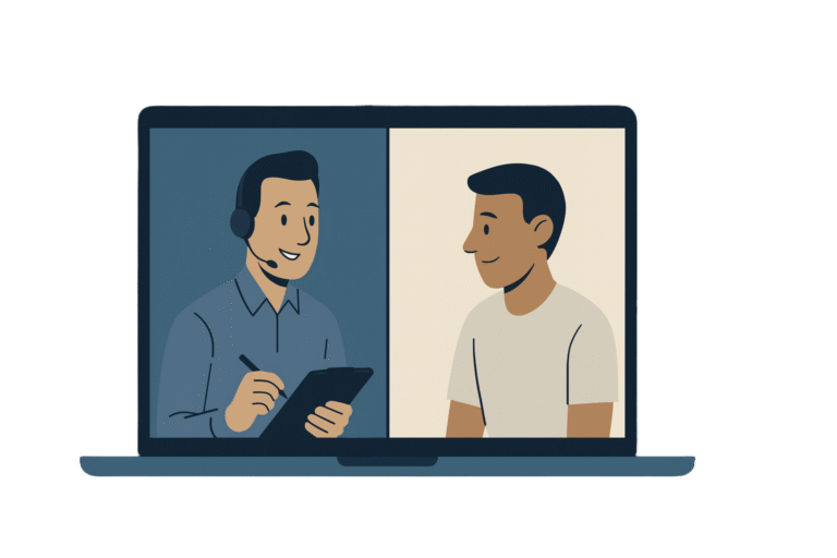 Two people on a virtual check-in, laptop screen split, illustrating an Accountability Partnership in action.