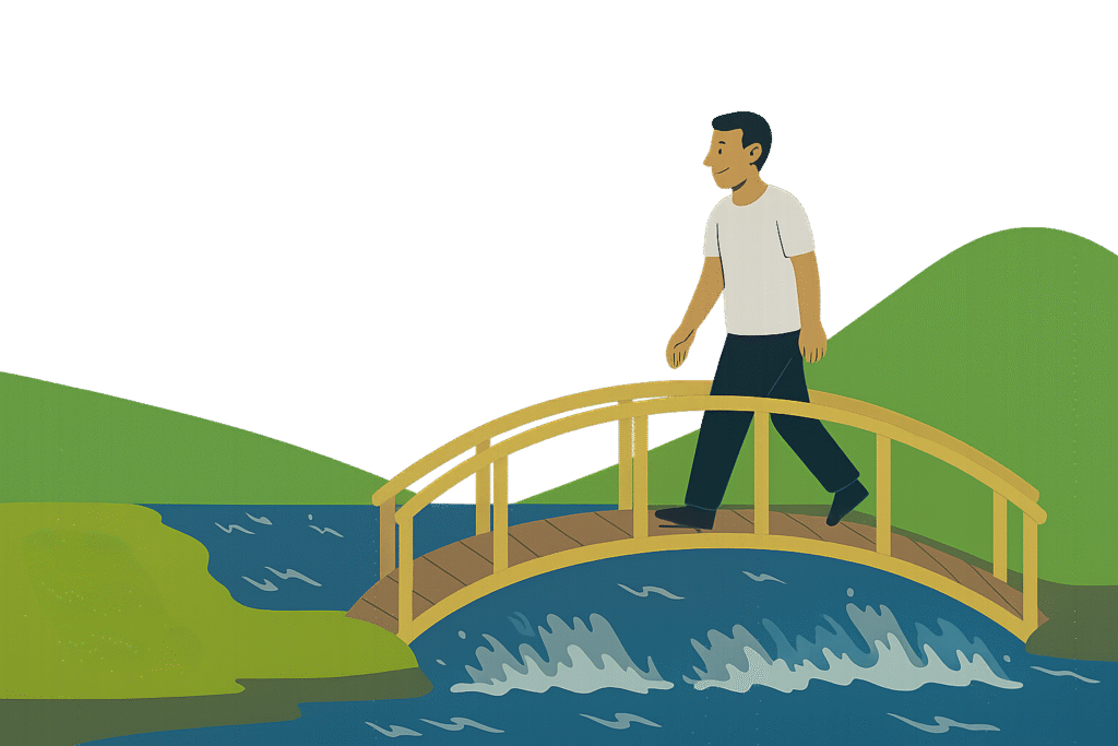 Illustration of a person walking across a wooden footbridge over a flowing river, representing the idea of crossing the motivation gap regardless of willpower levels.