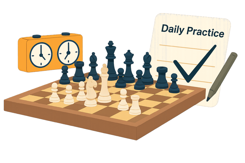 Illustration of a chessboard with pieces in play, a chess clock, and a checklist marked "Daily Practice", symbolizing consistent training and accountability.