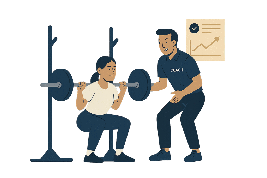 Illustration of a gym coach spotting a woman during a barbell squat, with a progress chart in the background, symbolising accountability and guided progress.