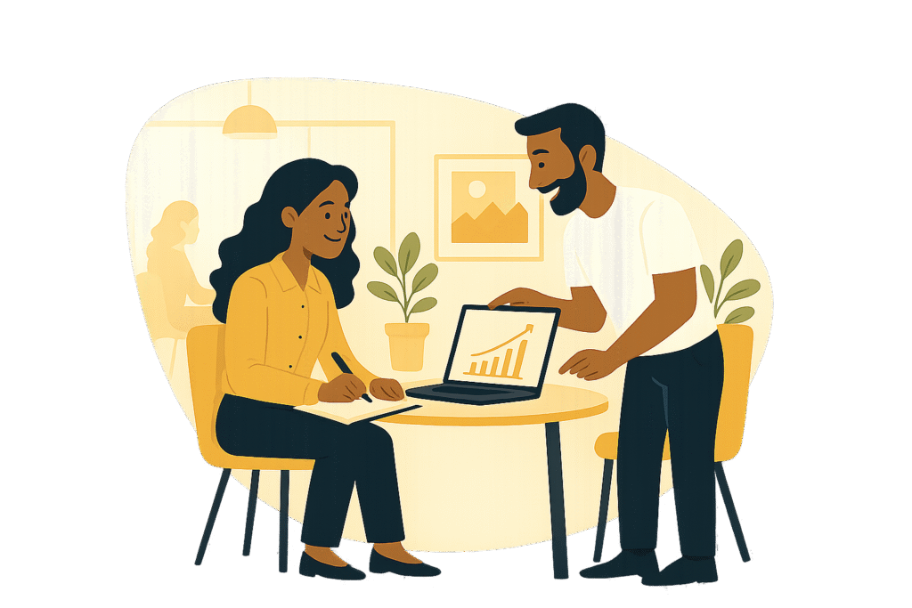 Woman and man collaborating in a coworking space, reviewing progress charts of their growing business.