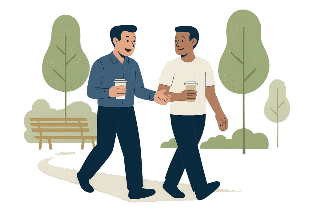 Two friends walking in the park with coffee cups, chatting casually, representing a comfortable but low-pressure accountability partnership.