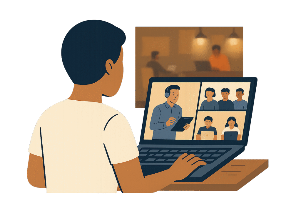 Person on laptop joining an accountability group with facilitator and peers, showing the online option for finding support.