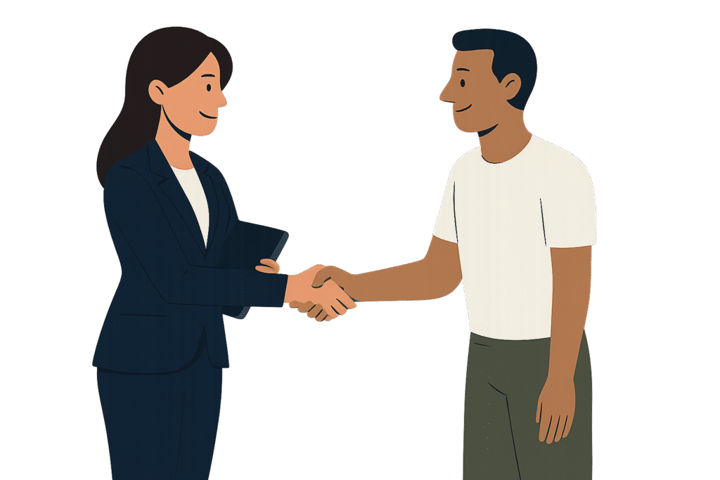 Man shaking hands with a professional female accountability partner, symbolizing a structured and goal-focused working relationship.