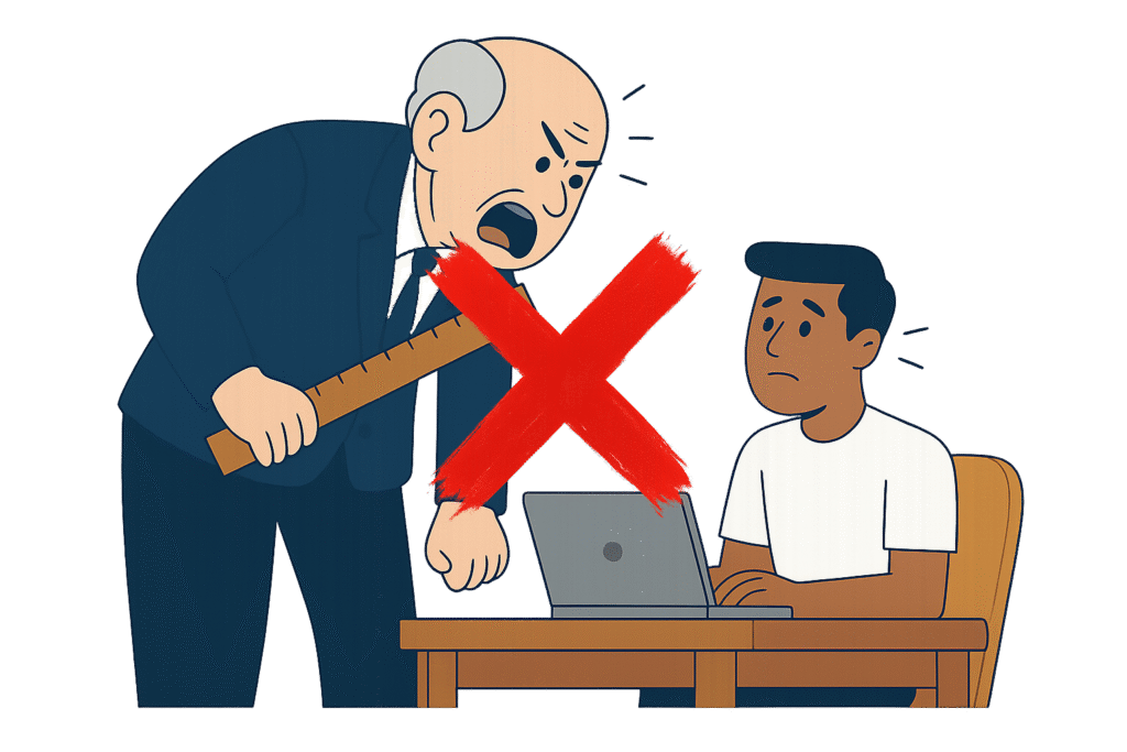 Flat illustration of an angry boss shouting at a worker with a ruler, crossed out with a red “X” to show that accountability is not about bossing people around.