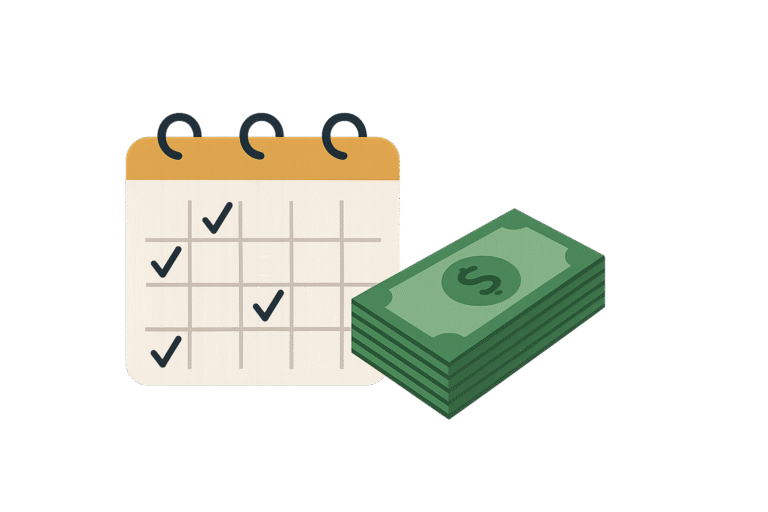 Flat-style illustration of a calendar filled with checkmarks next to a stack of dollar bills, symbolizing how people pay for accountability to secure structure and follow-through.