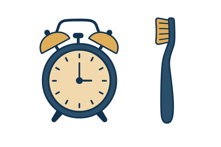 Illustration of a navy and yellow alarm clock next to a toothbrush, symbolizing how consistency over time leads to success rather than sudden effort.