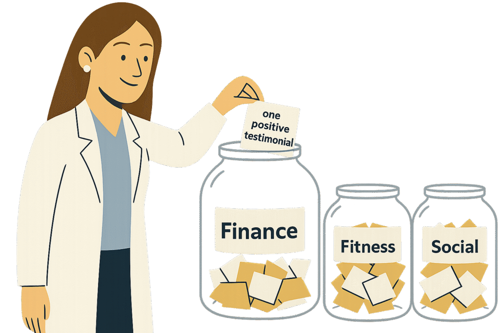 Female scientist placing a "one positive testimonial" note into a jar labeled Finance, next to jars labeled Fitness and Social, symbolizing collecting small wins over time.