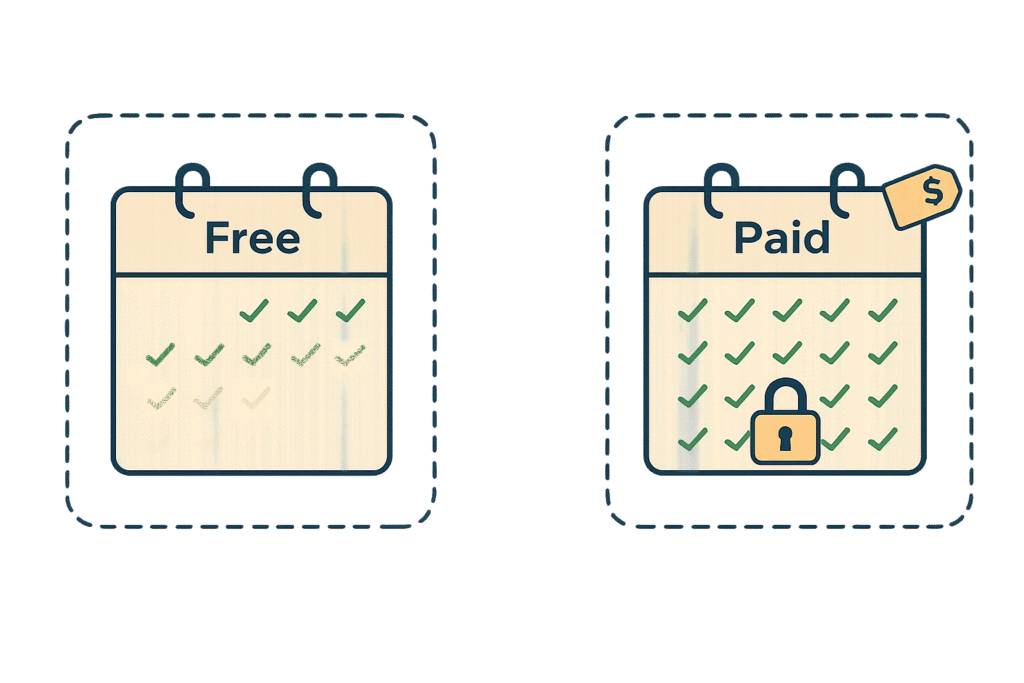 Illustration comparing two calendars: the “Free” side has faded, inconsistent checkmarks, while the “Paid” side shows a locked calendar filled with solid green checkmarks and a small dollar tag, symbolizing commitment and reliability through paid accountability.