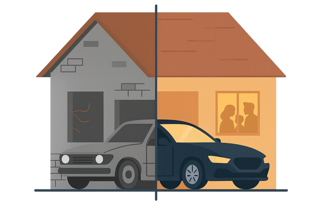 Contrast between building materials and a home symbolizing safety and connection.