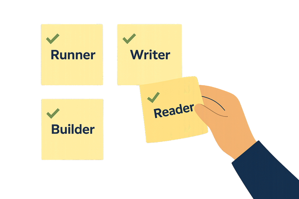 Arm swapping a negative identity for a positive one on a wall of sticky notes labeled with positive identities like "Runner," "Writer," and "Builder," symbolizing belief change.