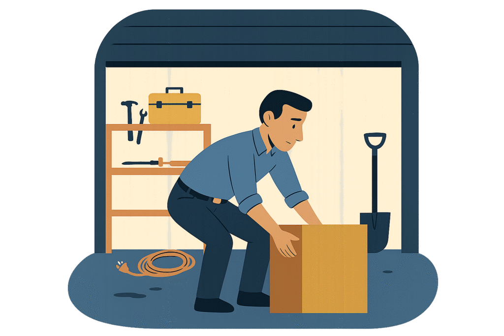 Illustration of a man lifting a box inside a garage with tools, shelves, and a coiled extension cord, representing a one-off task like deep-cleaning a garage that is best done in a focused sprint.