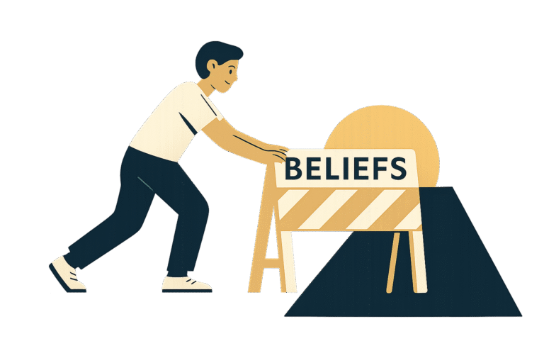 Illustration of a person pushing away a barrier labeled "Beliefs" to clear a runway as the sun rises, symbolizing overcoming mental roadblocks.
