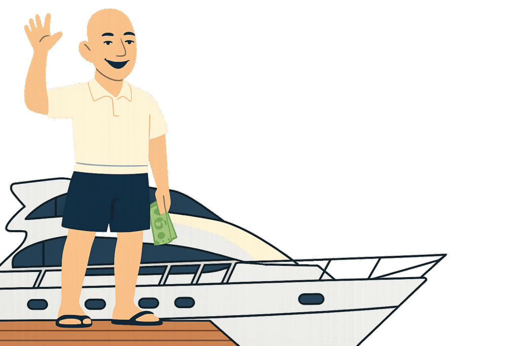 Flat illustration showing a wealthy man on a yacht holding a stack of bills, highlighting the extreme difference in financial context.