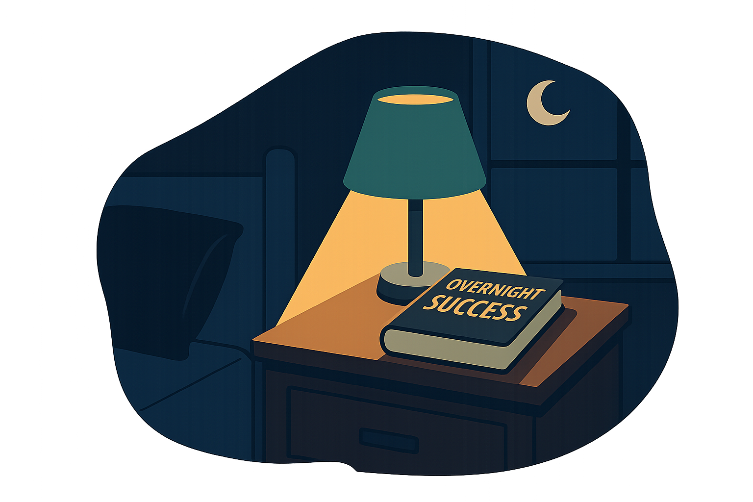 Illustration of a bedside table at night with a lamp shining on a closed book titled “Overnight Success,” symbolizing the myth of instant achievement.