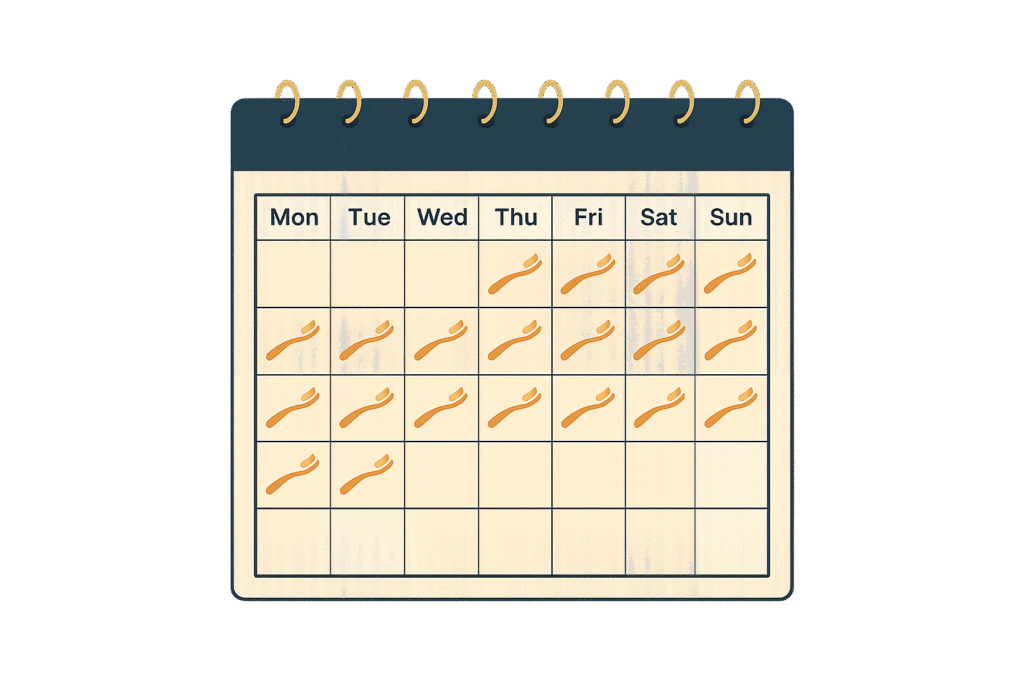 Illustration of a wall calendar with small toothbrush icons marked on each day, symbolizing the compounding effect of daily habits described as toothbrush economics.